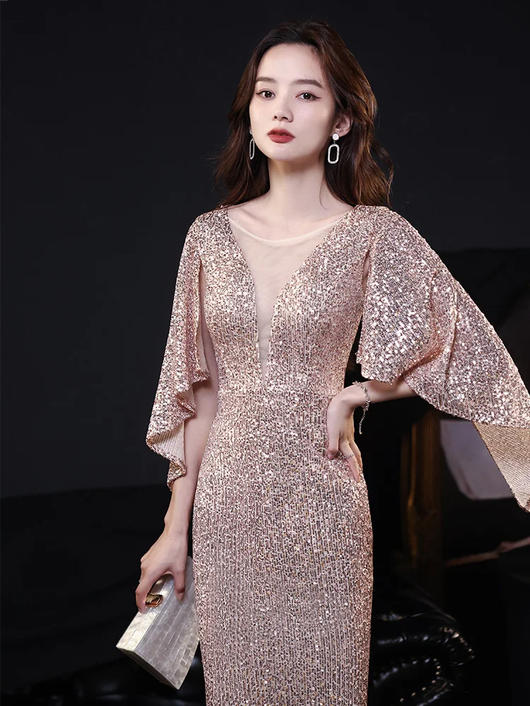 

Evening Dresses for Women 2023 New Light Luxury Small Group High End Banquet Temperament Celebrity Host Gold Sequin Fishtail