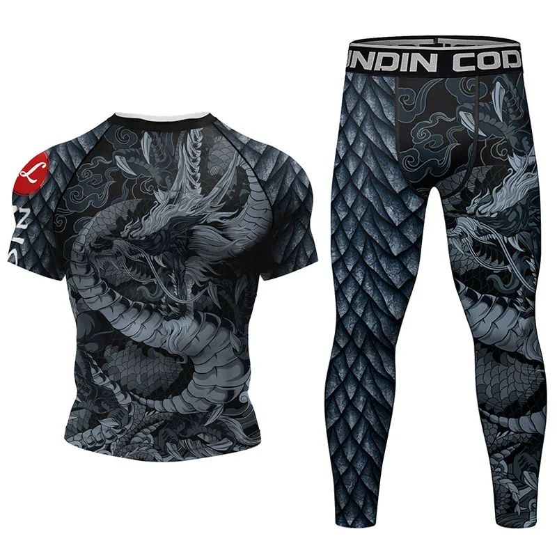 4PCS/Set Men Rashguard MMA T-shirt + Pants Snake Jiu Jitsu Grappling Bjj Gi Boxing Rash Guard Sportsuits Leggings Suit MMA Shorts sports apparel mens t shirt