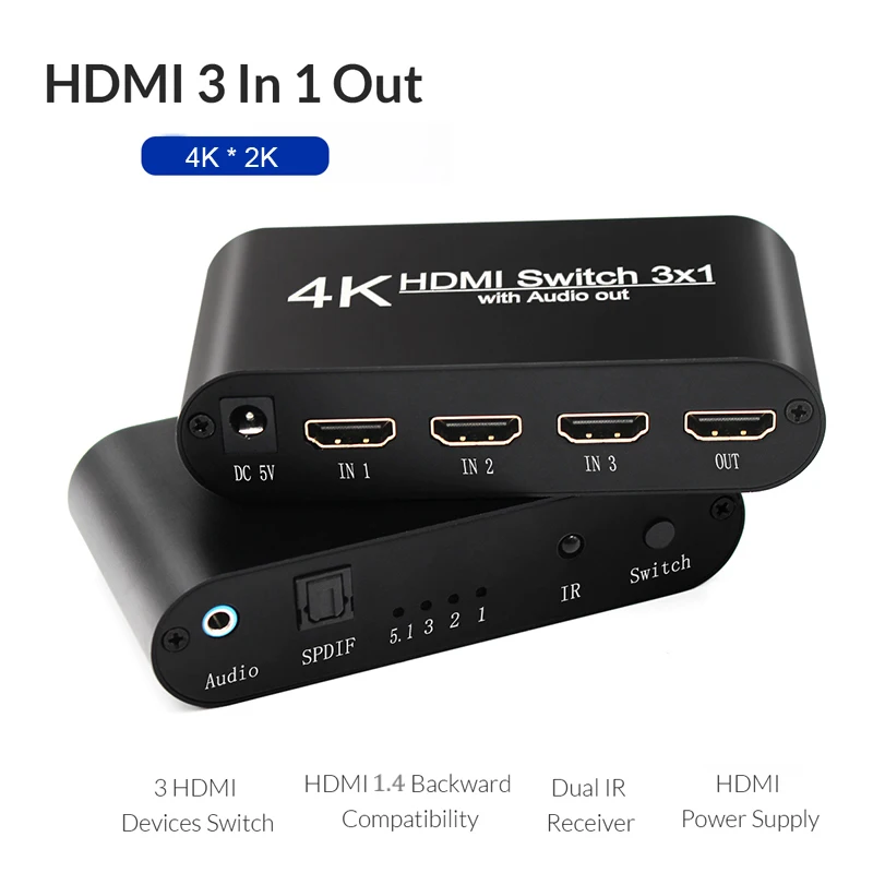 HDMI Switch 4K HDMI Switcher 3x1 3 to 1 1080P HDMI TO Audio Extractor with Remote Audio SPDIF Out for TV PC Projector Camera