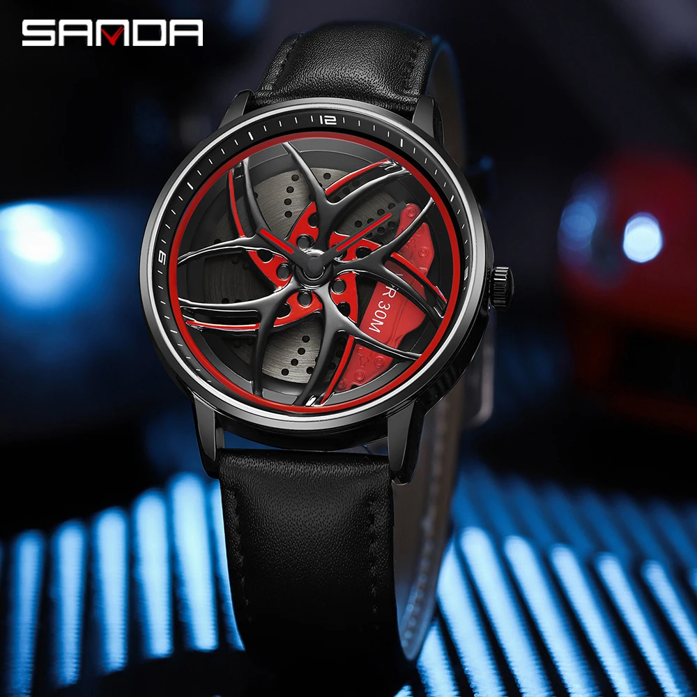 

Hot sell Fashion Luxury Men Watch Waterproof Steel Leather 360 Spinning Car Rim Wheel Dial Quartz Wristwatch Relogio Masculino
