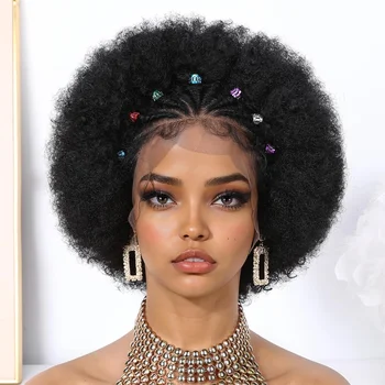 13x4 Lace Frontal Natural Black Afro Curly Human Hair with Braids for Black Women 6 Inches 100% Remy Hair Brazilian Hair Wig