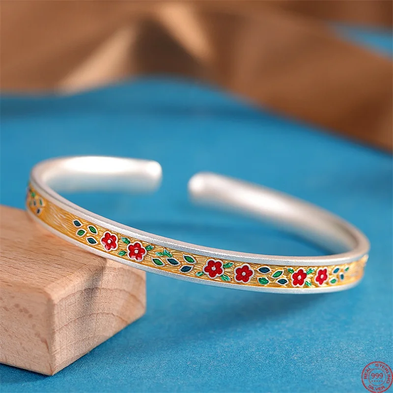 S999 Sterling Silver Charms Bracelets for Women Enamel Plum Blossom 56 mm Bangle Fashion Jewelry Lover's Gift Wholesale