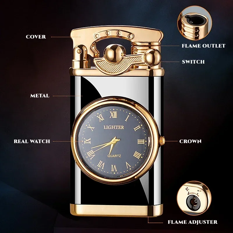 New Quartz Watch Windproof Lighter Metal Blue Light Rocker Arm Butane Jet Flame Torch Lighter Smoking Men's Gift Ignition Tools