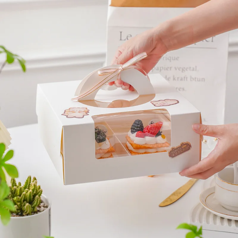 5 Pcs 6-Inch White Paper Cake Boxes with Handle – Windowed Packaging for Mousse, Pastri... - SKU TCGB1649 - UGI Packaging