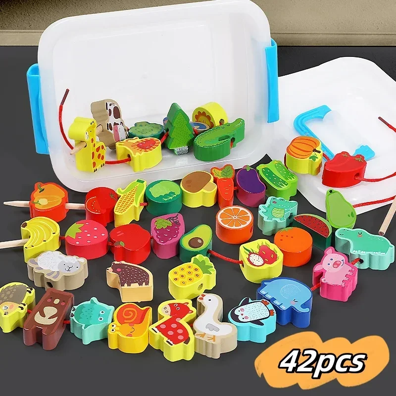 42PCS Montessori Wooden Beads Stringing Toy – Cartoon Fruit & Animal Educational Set for Kids 2