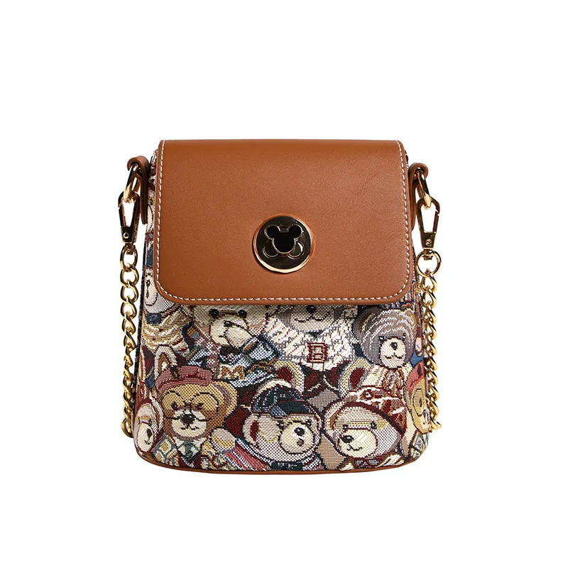 

Bucket Bag Women's 2024 New Little Bear Canvas Bag Fashion Versatile Chain Crossbody Bag Single Shoulder Bag Mobile Zero Wallet