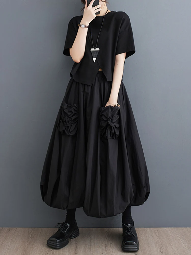 Black Vintage High Waist Pleated Skirt Women Fashion Pocket Loose Casual Bilayer Long Skirts Clothes New Spring Summer 2025