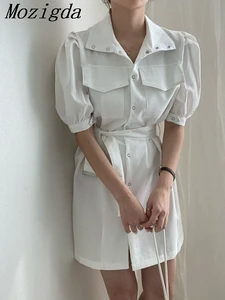 Summer Mini Shirt Dress Women Short Sleeve Korean Style Fashion Ruffle Pleated Ladies Dresses Casual Woman Shirt Dress