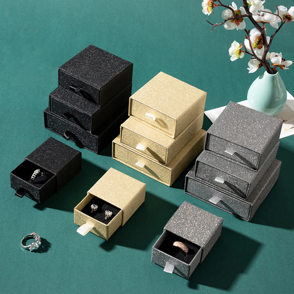24pcs Shinny Paper Jewelry Drawer Box with Black Sponge Gift Packaging Cardboard Case Ring Earring Pendant Storage Display Tool