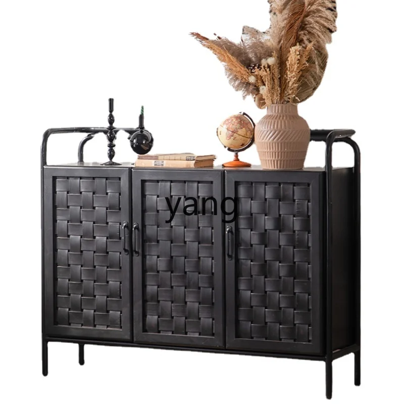 

LMM American Entrance Cabinet Vintage Rattan Solid Wood Shoe Cabinet Home Black Sideboard Cabinet