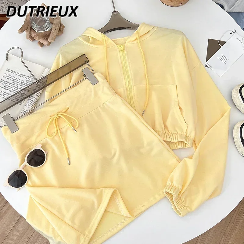 

Повседневный костюм с капюшоном на молнии, женские толстовки с длинным рукавом, комплект с коротким рукавом и поясом на резинке, Модный комплект из двух предметов для женщин