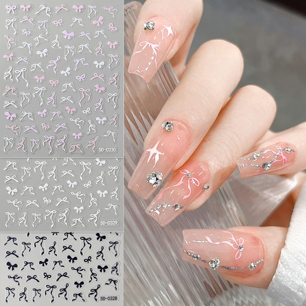 1Sheet Pink/White/Black Bow 5D Nail Art Stickers Bowknot Self-Adhesive Slider Romantic Lace Ribbon Valentine's Manicure Decals * 2