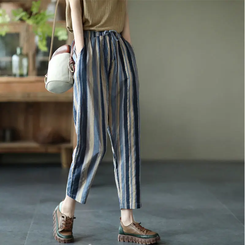 Cotton and Linen Women's 2024 Summer New Patchwork Elastic Waist Pocket Fashion Loose Carrot Stripe Harlan Linen Cropped Pants mom jeans high waist carrot pants autumn new large size fat mm loose and thin harlan daddy pants boyfriends jeans