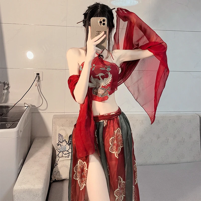 Chinese Red Sexy Hanfu Apron Women's Pure Desire Lingerie Suspender Skirt Uniform Hot Shawl Temptation Pajamas Bandage Skirt Se