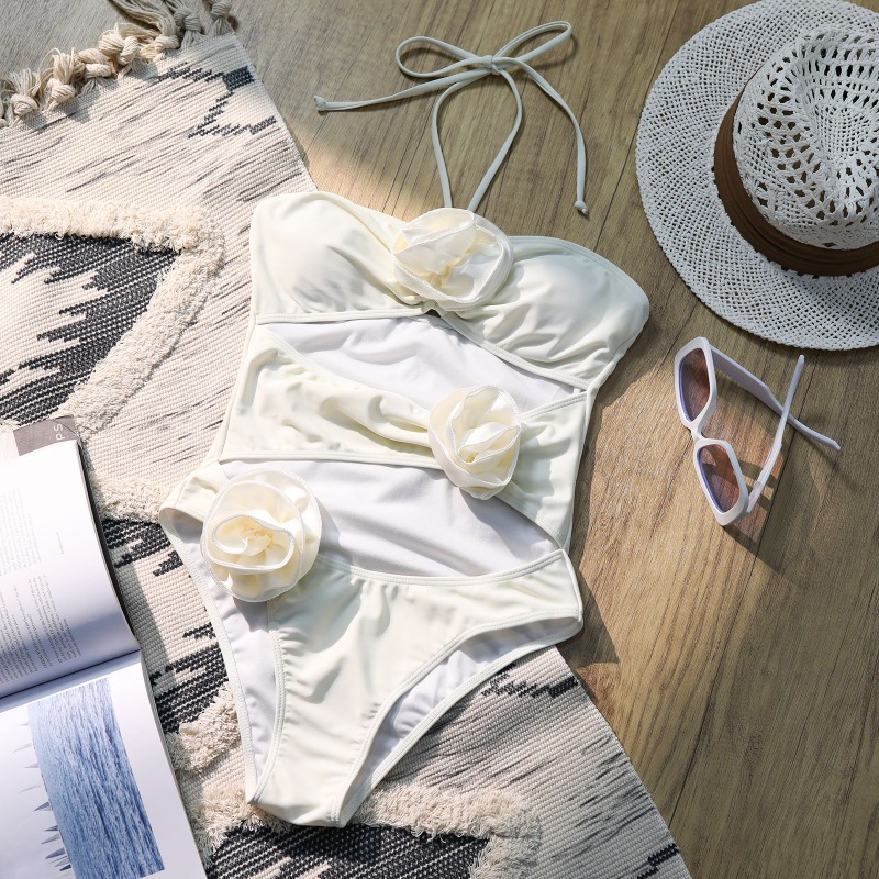 2025 New Solid Swimwear Women's Ruched One Piece Swimsuit 3D Flower Halter Tie Back Floral Swimwear Bathing Suit Monokini