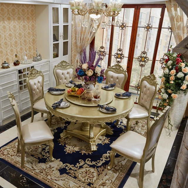 Tavolo da pranzo arabo intagliato in legno di lusso con sedie da pranzo  dorate da 6 pezzi nella sala da pranzo - AliExpress