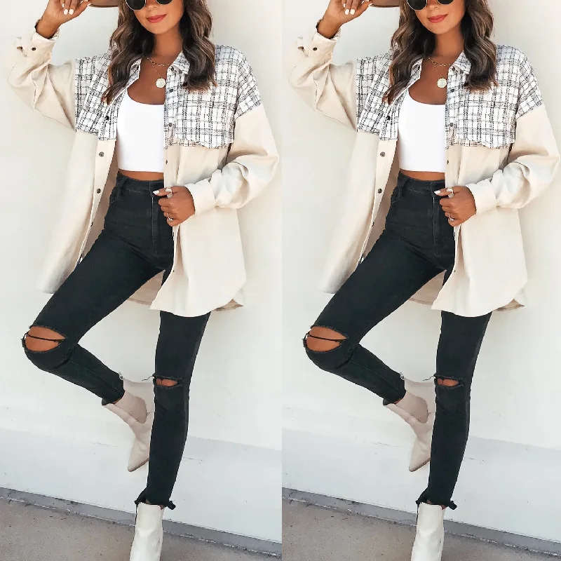 2022 Casual Style Lapel Long Sleeve Pocket Plaid Patchwork Corduroy Women's Coat, Long Shirt Commuting Dress  Women Tops