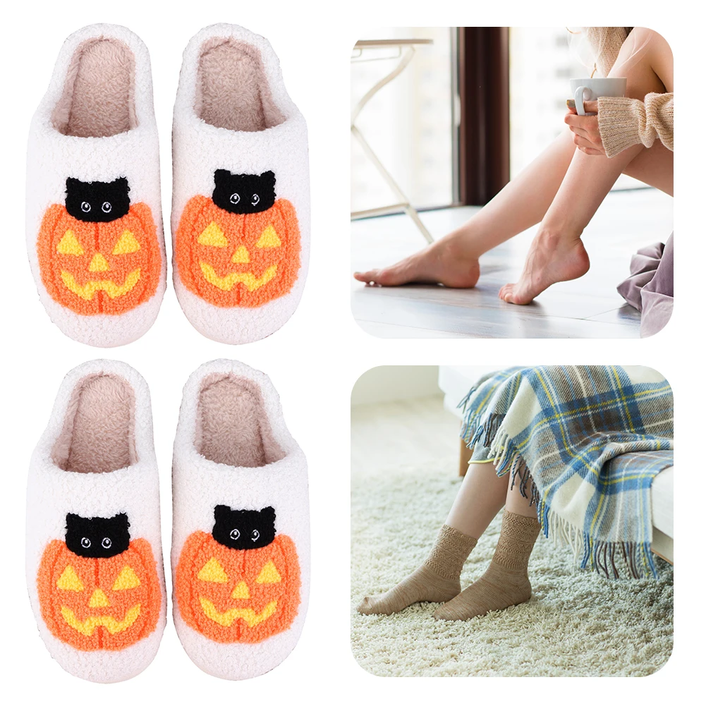 Plush Furry Slippers Pumpkin Cat Pattern Anti Slip