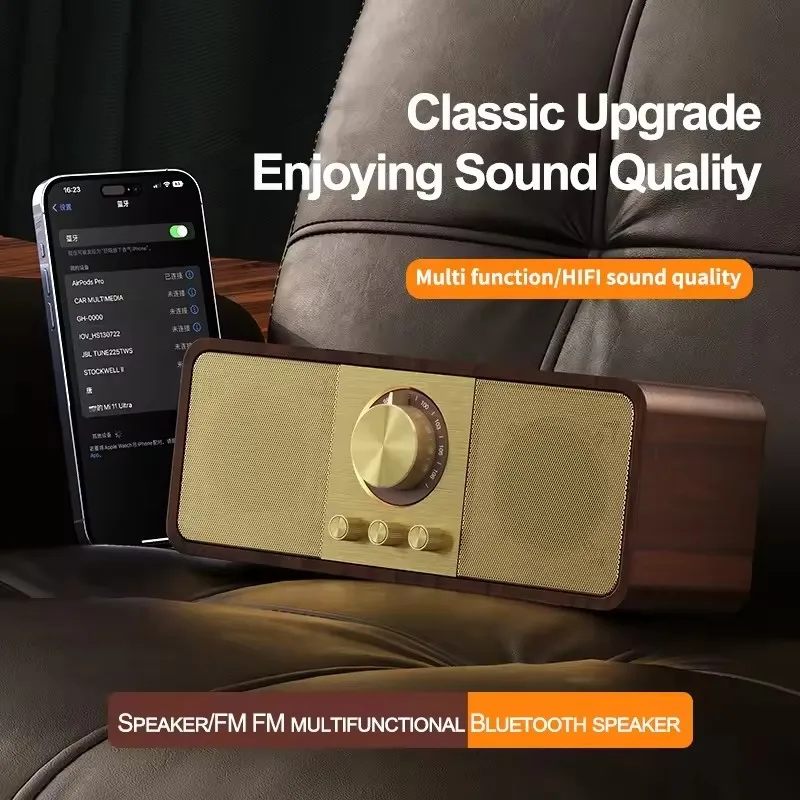 

HIFI Music Center Boombox Wooden Bluetooth Speaker Wireless Classics FM Radio Portable Subwoofer BT 5.3 Sound Column USB/TF/AUX