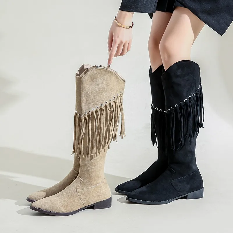 

Ботинки женские резиновые с бахромой, базовые сапоги из флока на низком квадратном каблуке, ПУ, обувь для дождя, низкий каблук, квадратный каблук