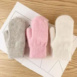 1 Pair Plush Winter Gloves Women Double Layer Short Rabbit Fur Mittens Thicken Knitted Solid Color Soft Warm Full Finger Gloves