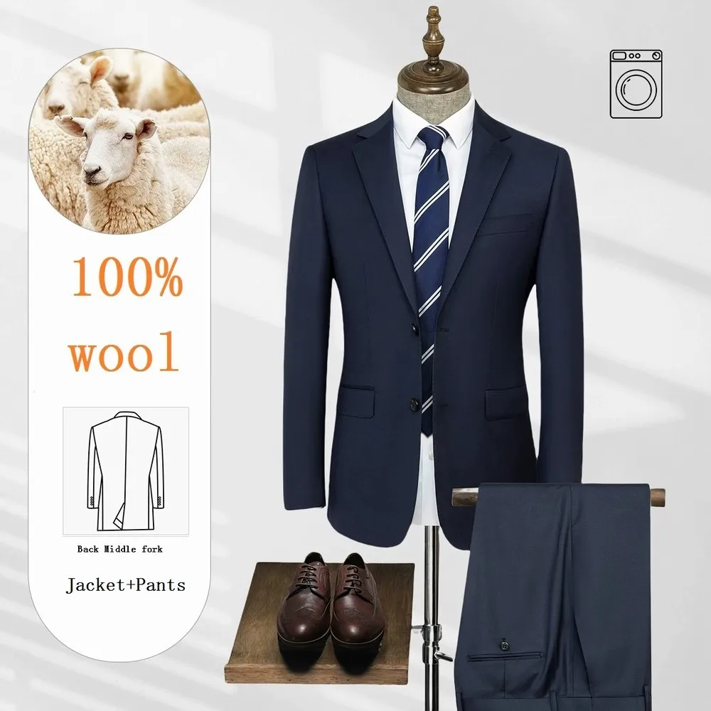 Men Wool Navy Blue Business Suit Groom Groomsman Wedding Party Formal Tuxedos 2 Piece Set Blazer Pants