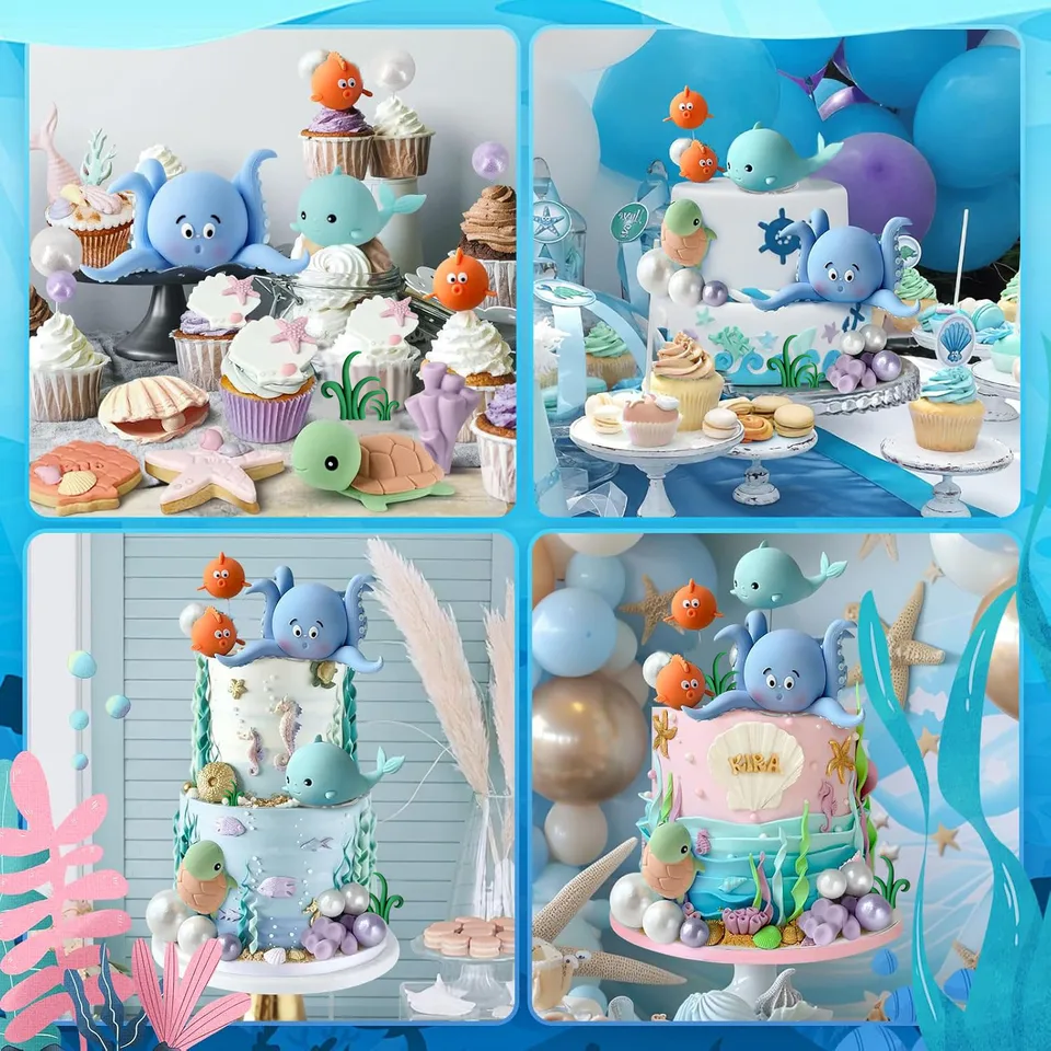 Decorazioni Per Torta A Tema Mare – Set Con Polipo, Pesce Diavolo, Tartaruga, Pesce Palla, Corallo E Balena