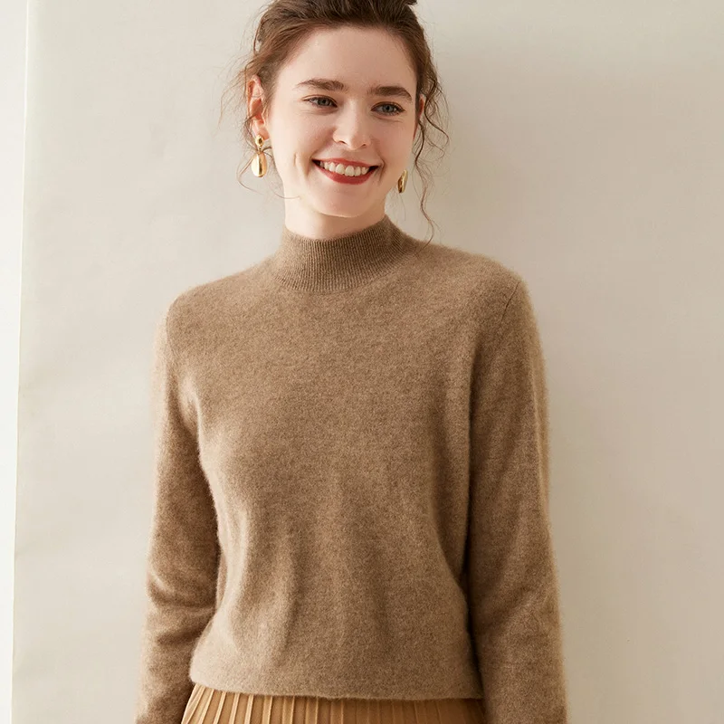 

Pure Cashmere Knitted Pullover Crewneck Long Sleeve 2023 Winter Cashmere Women's Half Turtleneck Sweater Top Women