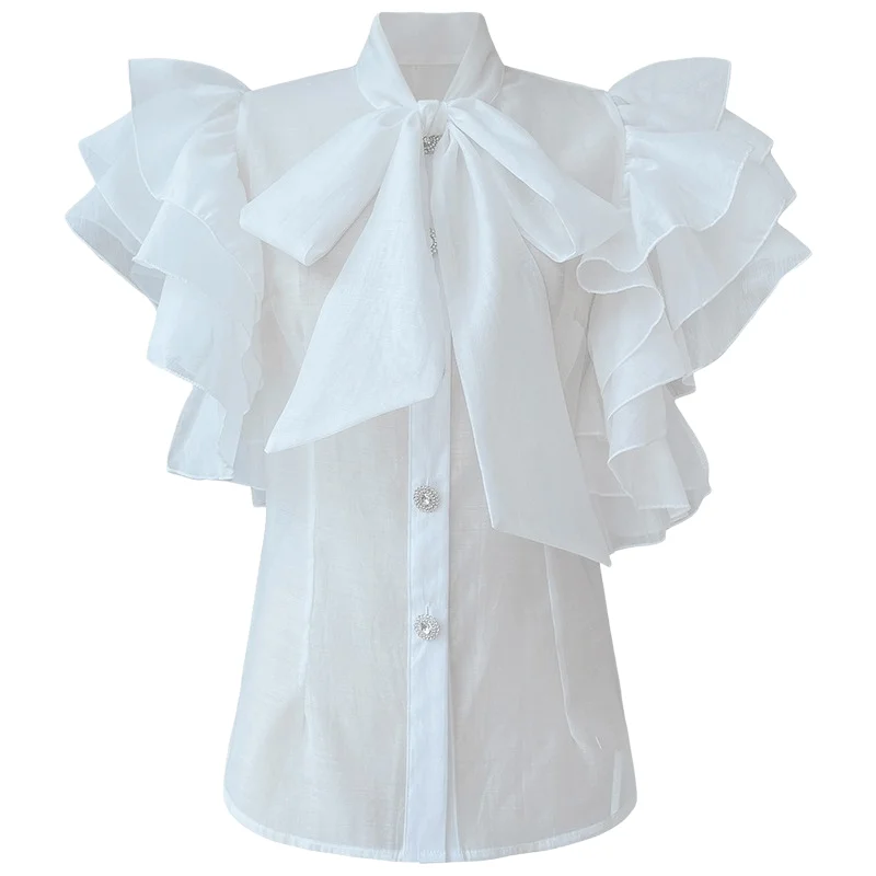 Sweet Temperament Korean Style Ruffled Short Sleeves Women's Blouse 2023 Summer Bandage Stand Collar Single-Breasted Shirts