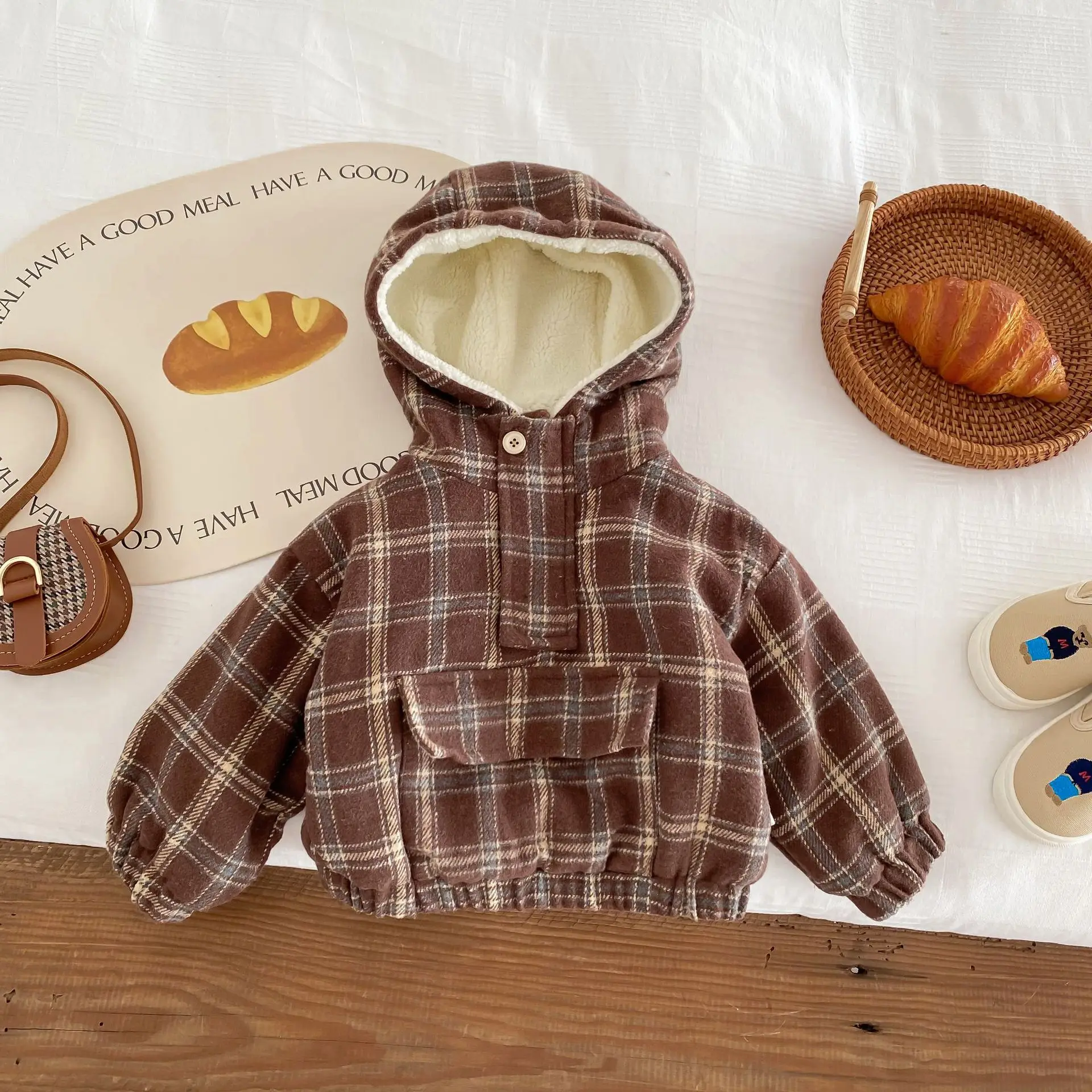 

Kids Plaid Fleece Hoodie Half Zip Hooded Sweatshirt Long Sleeve Cozy Jacket for Boys and Girls 0-6 Years Old