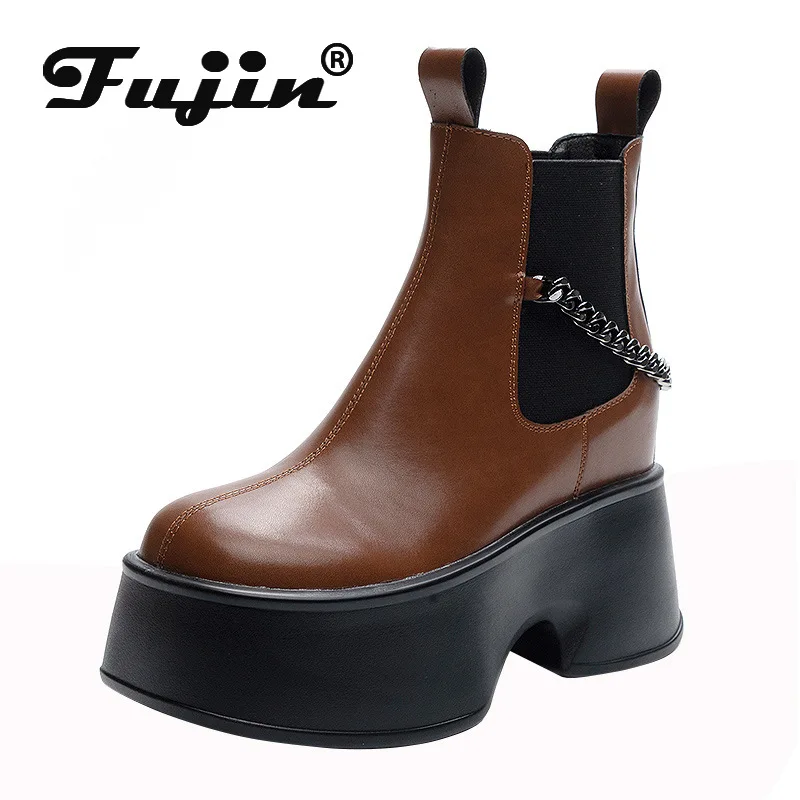 

Fujin 11cm Genuine Leather Mid Calf Ankle Punk Motorcycle Chelsea Booties Women Autumn Warm Fur Lady Winter Elastic Plush Shoes