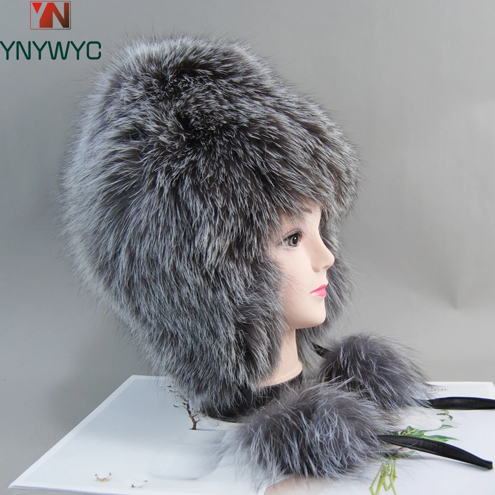 女性のための厚い帆布の帽子シルバーキツネの毛皮の帽子自然なキツネの毛皮の帽子女性のための本物の毛皮のクマの帽子ニットの帽子