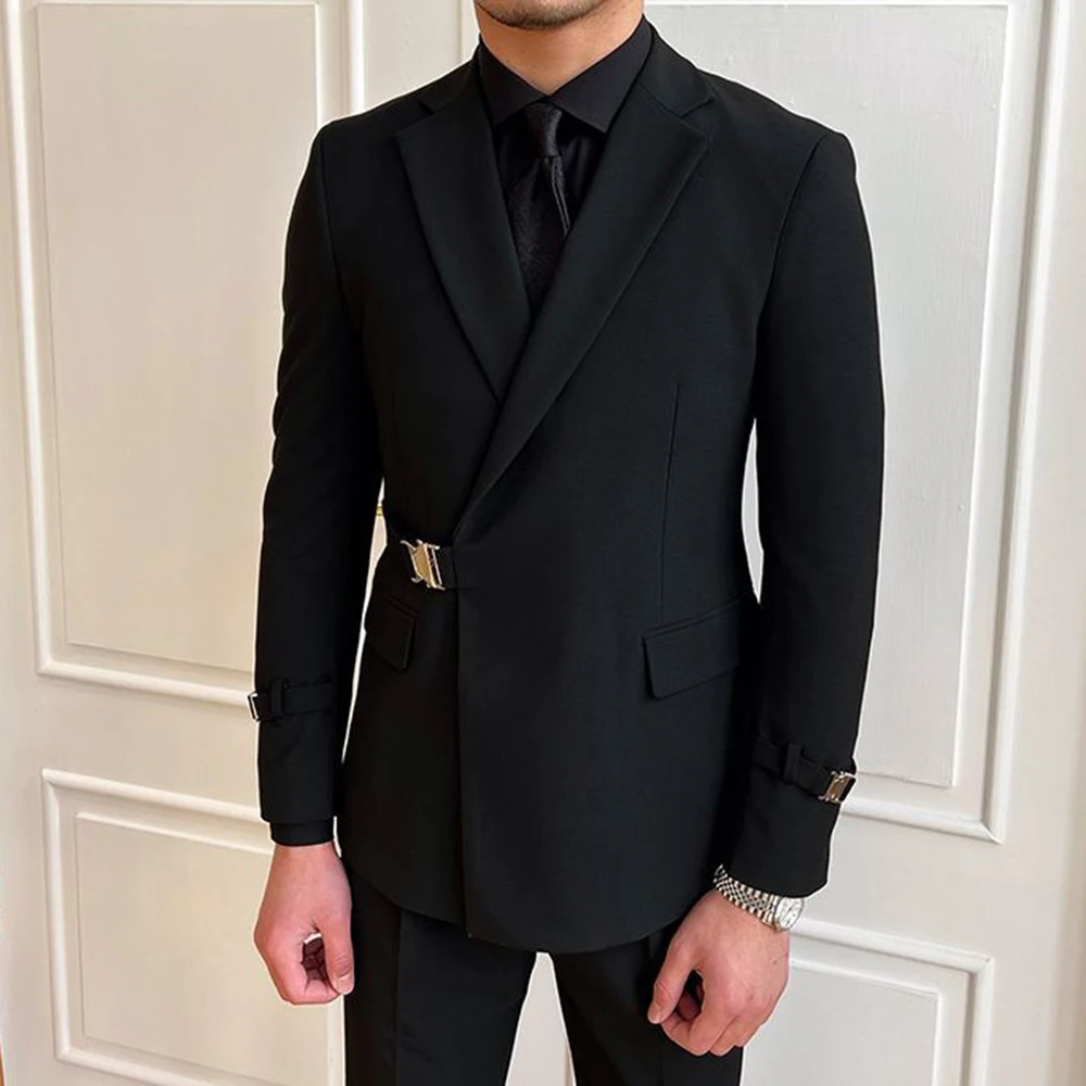 British Style Black Suit Jacket Male Elegant Gentleman Business Casual Professional Formal Dress Body Belt A Double Breasted 3