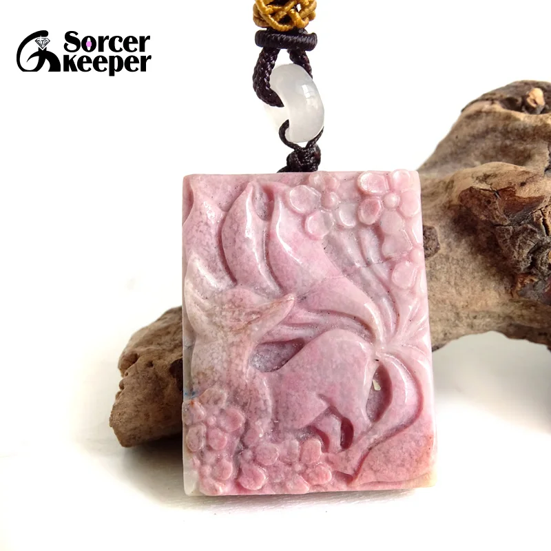 Natural Rhodonite Stone Jade Fox Pendant Necklace Charm Jewelry Fashion Accessories Hand-Carved Man Woman Jewelry Making BH169