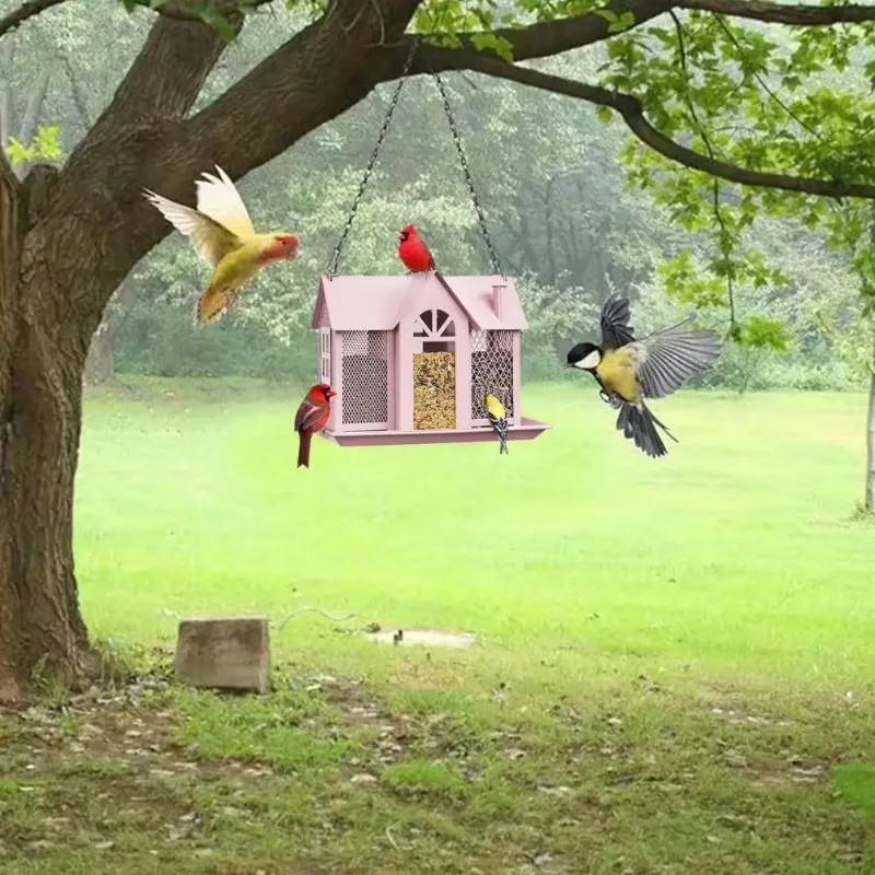รูปสินค้า สวนแขวน House BIRD Feeder 3 ช่องขนาดใหญ่ความจุตกแต่งลานกลางแจ้งด้านนอกโลหะกระรอก Hummingbird Feedin