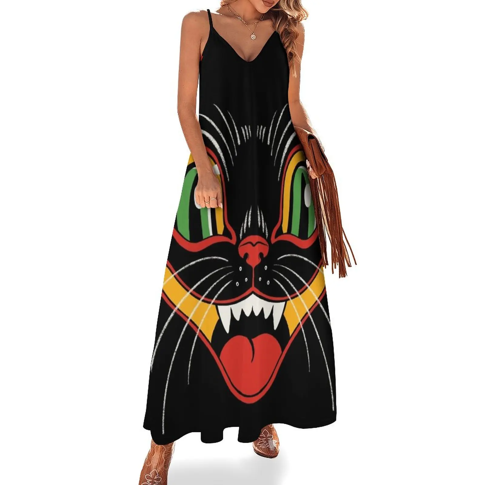 Retro Vintage Halloween Decor Black Cat Face Sleeveless Dress Dress women