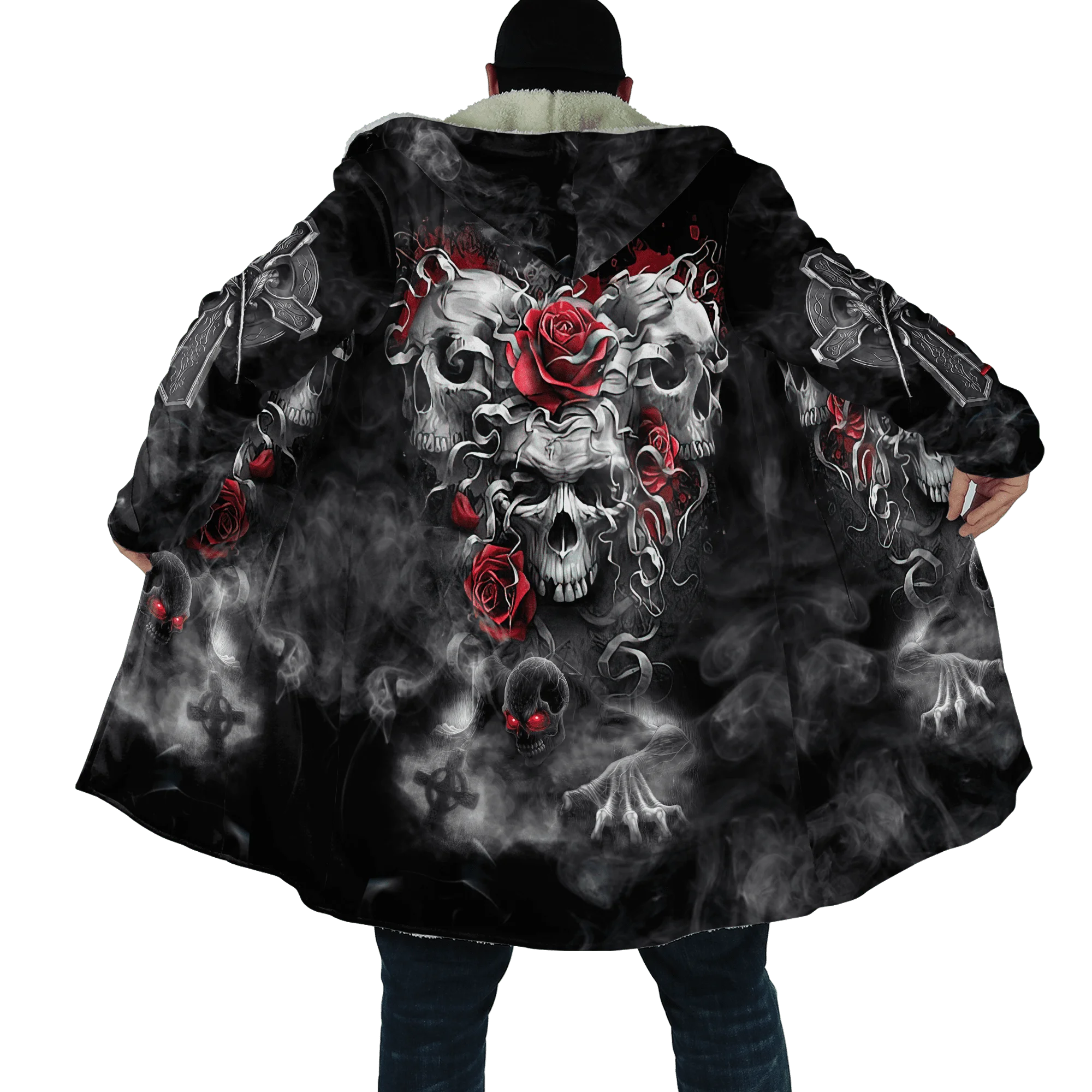 PLstar Cosmos Herren-Umhang, Totenkopf, Teufel, Tattoo, 3D-Allover-bedruckter Fleece-Kapuzenumhang, Unisex, lässig, dick, warm, Umhang, Mantel PF71 – Detail 14