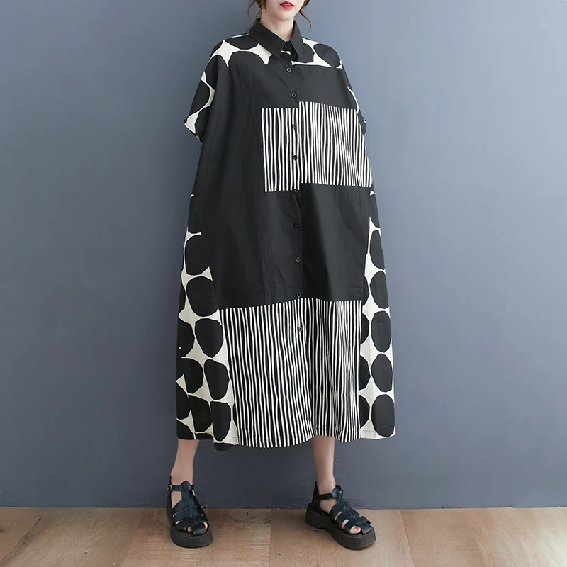 

European American Style Patchwork Print Dots Striped Short Sleeve Chic Loose Summer Blouse Dress Fashion Women Casual Long Dress