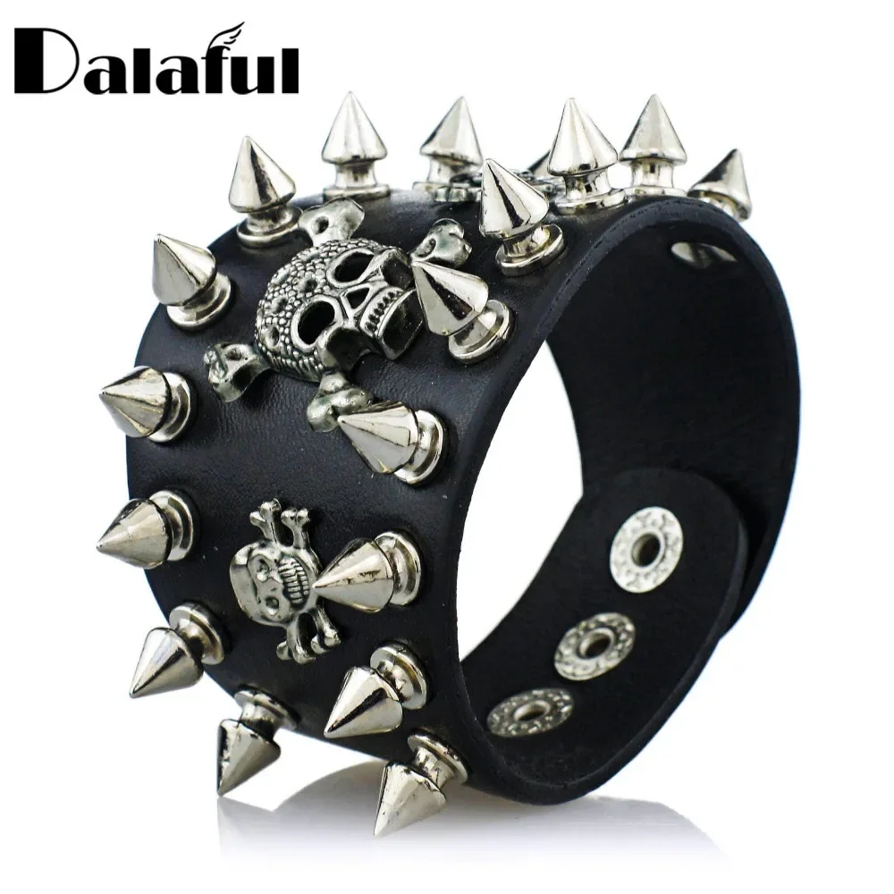 Unique Rock Spikes Rivet Gothic Skeleton Skull Punk Biker Wide Cuff Leather Bracelet S059 bracelet jewelry