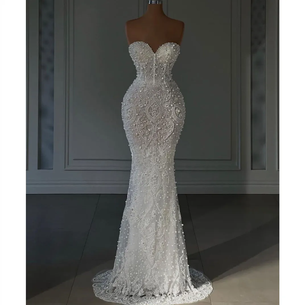Elegant Evening Dresses Sleeveless Strapless V Neck Sequins Shiny Appliques Lace Pearls Formal Gowns Prom Dresses Custom Made