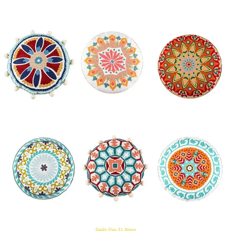 

Morocco Large Round Hippie Floor Pillow for Case Ethnic Bohemian Mandala Pattern Embroidery Seating Pouf Cushion
