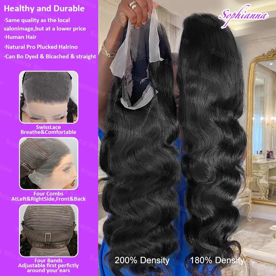 250 Density 40 42 Inch Body Wave Human Hair 13x4 HD Transparent Lace Front Wig Glueless Wear and Go black 13x6 Lace Frontal Wigs 2
