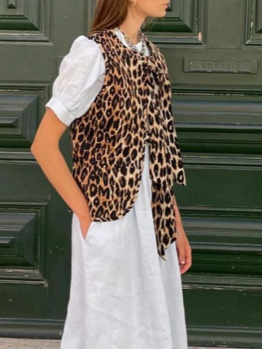 2024 New Women's Leopard Print Waistcoat Bowknot Front Sleeveless V-Neck Vest Casual Jacket Cardigan 6