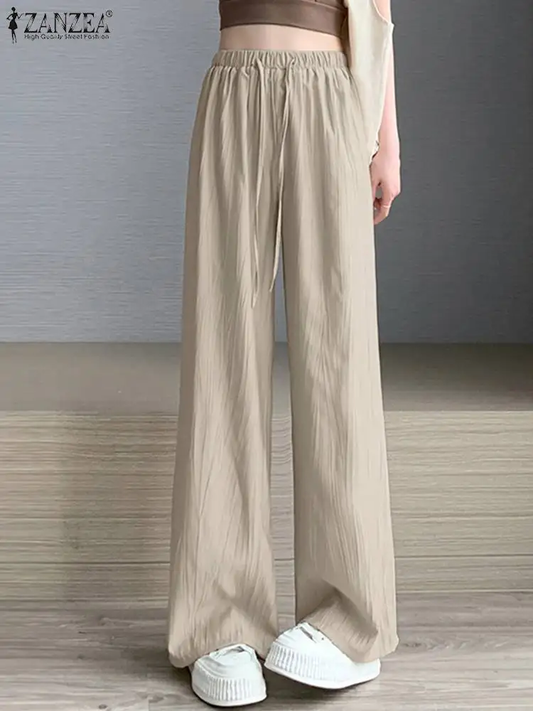 

Fashion Wide Leg Pants Women Vintage Loose Trousers ZANZEA Causal Solid Long Pantalon Elastic Waist Palazzo Vintage Loose Pants