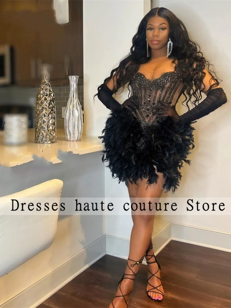 

Luxury Beaded Diamond Women Short Prom Dresses 2023 For Black Girl Black Feather Cocktail Dresess Birthday Party Gown