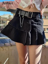 

AltGirl Fairy Grunge Denim Skirt Women Harajuku Vintage High Waist Ruffle Skirts with Belt Y2k Aesthetic Gothic Emo Alt Skirts