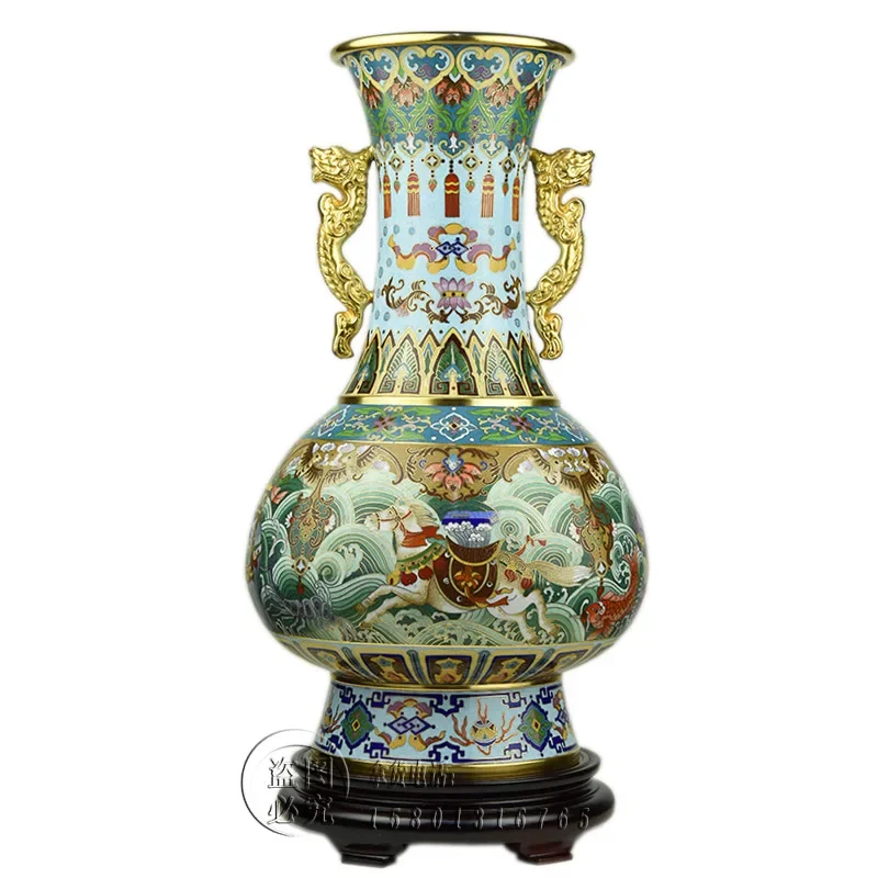 Li Rongkui Beijing Cloisonne Vaso 18 Pollici Fulin Four Seas Double Dragon Ear Statue Cloisonne Smalto Ufficio Collezione Regalo