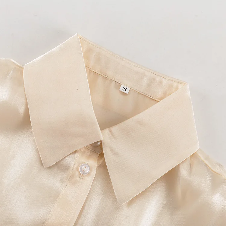 Blusa informal holgada transparente con solapa y manga larga con cordones para mujer, ropa de verano 2025, con parches lisos