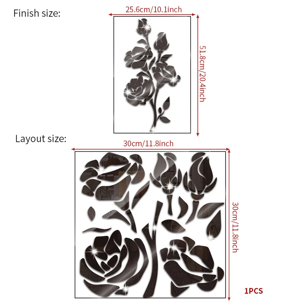 Lychee Life Rose Acrylic Mirror Wall Decal Door Living Room Bedroom Decal Mirror Effect Flower Vine Acrylic Wardrobe Wall
