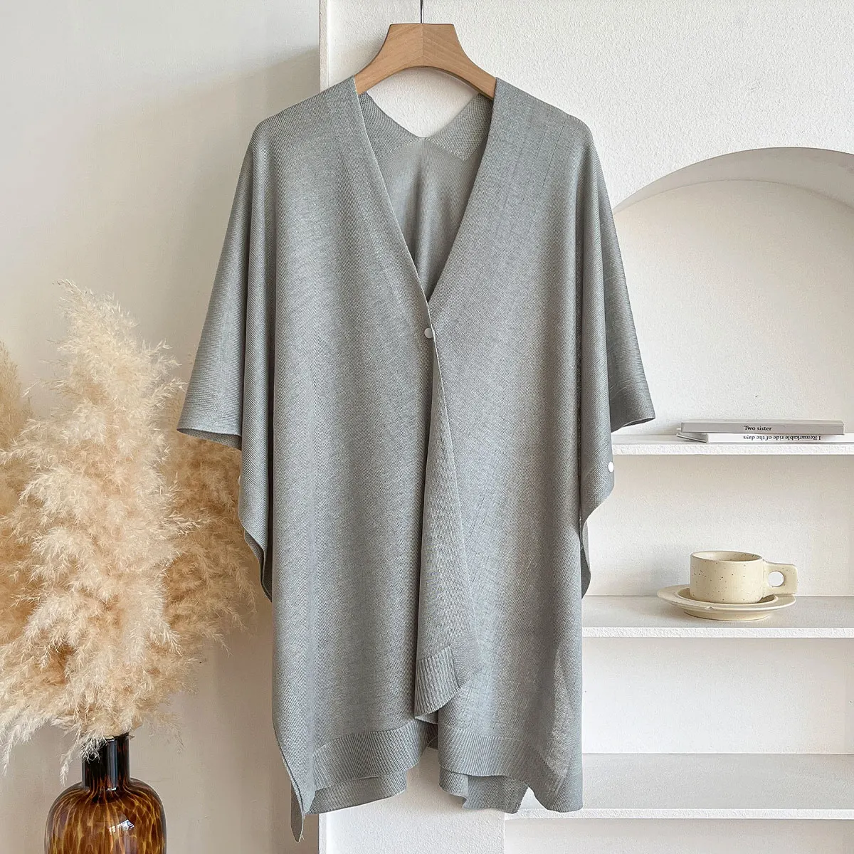 2025 Latest Design Knitted Cloak Women V-neck Solid Color One Button Shawl Simple Fashion Soft Thin Sunscreen Coat Female Scraf